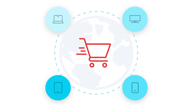 Shopping cart image surrounded by icons for device types laptop, phone, tablet