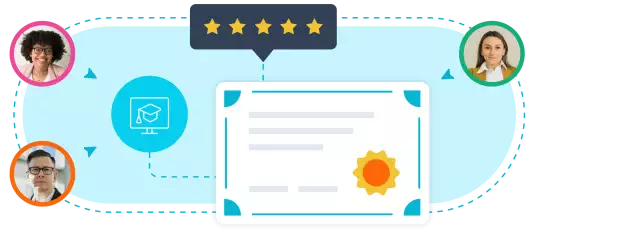 Certificate, five star reviews, and graduation cap icon