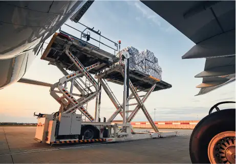 Cargo being loaded onto airplane