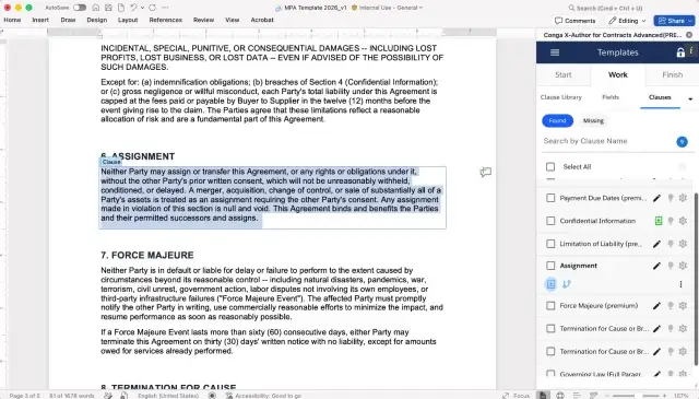 Conga clause library showing a browsable list of Governing Law clauses organized by type and clause security.