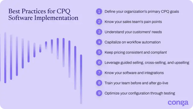 Diagram showing the nine key components of successful CPQ software implementation.