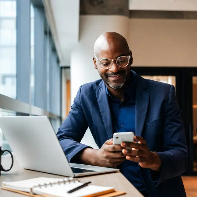 Man in a blue suit and glasses smiles at his phone beside an open laptop in a modern office.