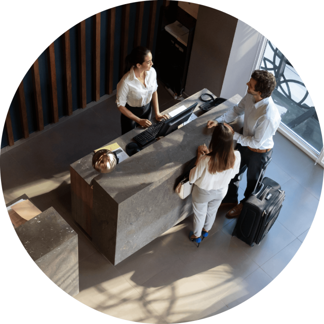 Overhead shot of three people talking