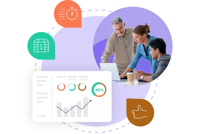 Graph surrounded by speed, money, and thumbs up icon