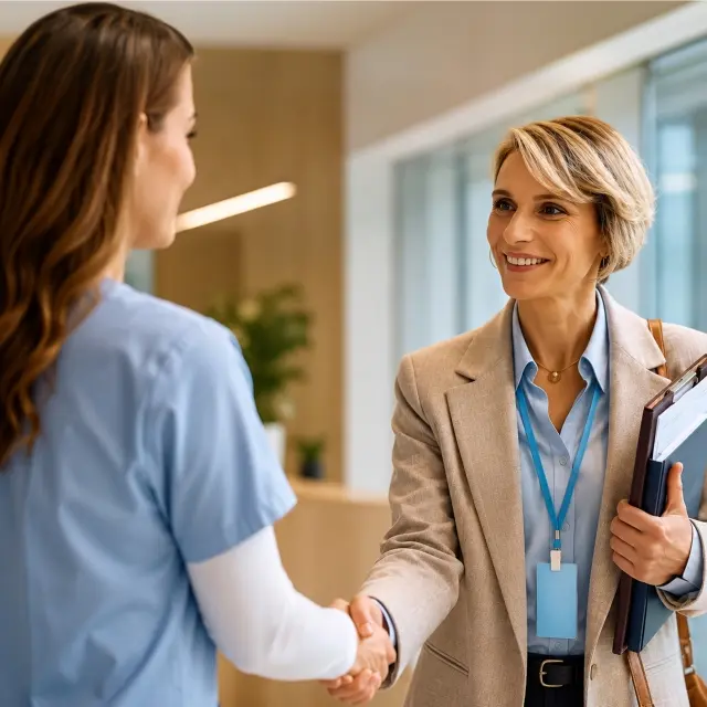 A smiling medical device representative shakes hands with a healthcare professional wearing blue scrubs.